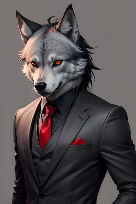 Crie um lobo cinza em um terno preto e gravata vermelha, muito elegante, com olhos vermelhos