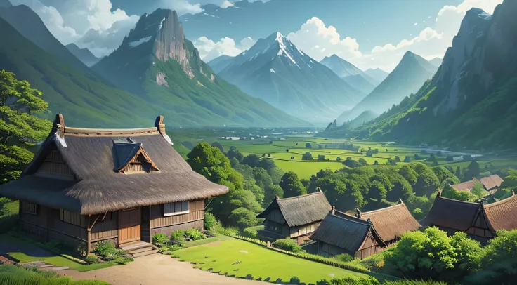 Landscape painting、(illustratio:1.3)、jpn、Thatched house in the forest、a house、House with a large garden、Big rocks in the garden、Mountains in the distance々、idyllic scenery、