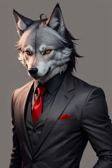 a wolf wearing a black suit and a red tie, very elegant, with red eyes, realistic, high-quality, detailed fur, charismatic expression, confident pose, in a moonlit forest, with a mysterious atmosphere