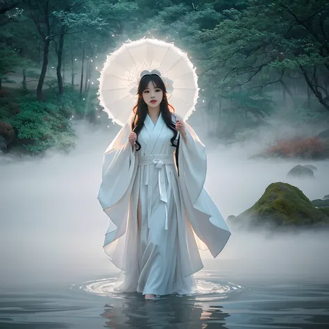 medium shot,Beautiful and ethereal vixen dressed in flowing white Chinese robes。The image captures a fox spirit standing gracefully on the water，It is surrounded by white clouds and mist，Adds an otherworldly touch to the scene。The fox demons long white hai...