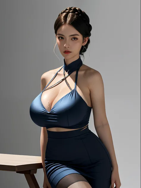 (Extremely detailed, In a comfortable interior, slightly fat big breasts, plumw, Bigchest, Gigantic big tits, Refined face, sexy for, Wearing a brown crewneck dress, Levitings jumpsuit, Slip dress, k hd, Close-up Shot Shot, photorealistic perfect body, ver...