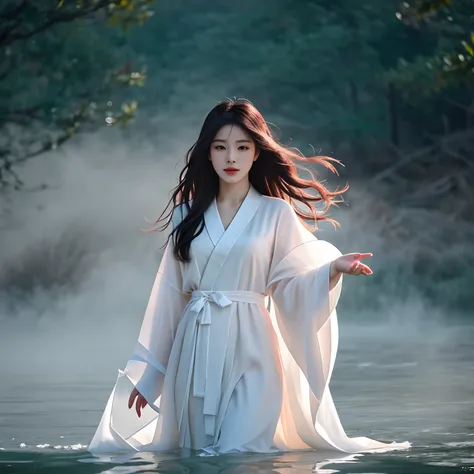 medium shot,Beautiful and ethereal vixen dressed in flowing white Chinese robes。The image captures a fox spirit standing gracefully on the water，It is surrounded by white clouds and mist，Adds an otherworldly touch to the scene。The fox demons long white hai...