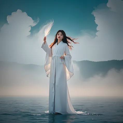 medium shot,Beautiful and ethereal vixen dressed in flowing white Chinese robes。The image captures a fox spirit standing gracefully on the water，It is surrounded by white clouds and mist，Adds an otherworldly touch to the scene。The fox demons long white hai...