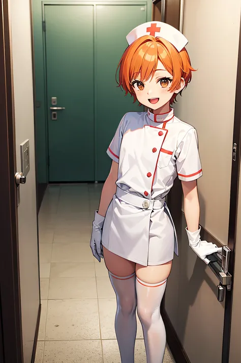 1boy, solo, male focus, nurse, nurse cap, white wear, ((white legwear, zettai ryouiki)), white gloves, short hair, orange hair, smile, open mouth, standing, ((hospital room)), sharp outline, short sleeves, shota, 12 years old, best quality, masterpiece