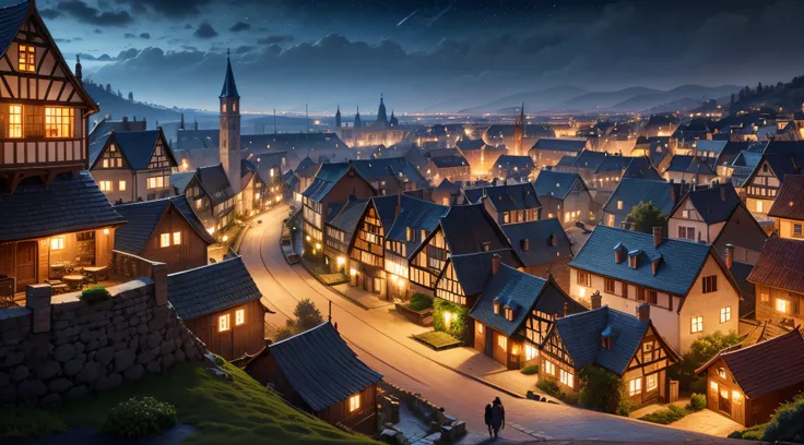 medieval city and  meny of houses in night