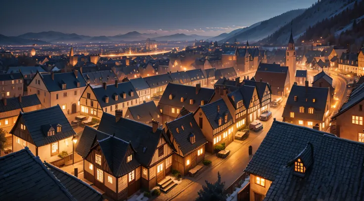 medieval city and  meny of houses in night