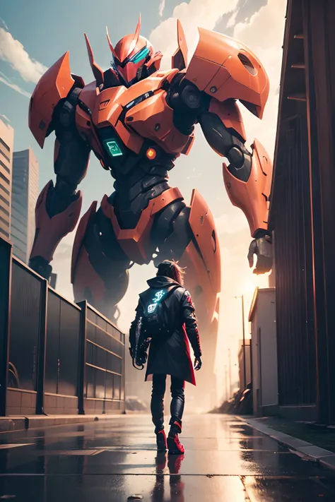 crie uma imagem de uma homem de cabelo cacheado castanho com traje de piloto futurista vermelha, Holding a helmet in his left hand, Walking in as far away from a giant robot in Neo Genesis Evangelion style, robo roxo e laranja, no estilo anime, chevendo, e...