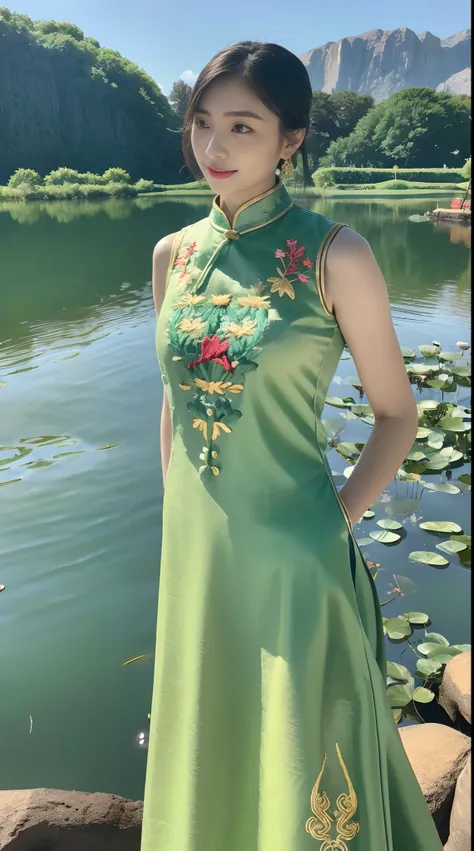 1girll,(wearing a light green cheongsam embroidered with gold embroidery:1.2),cowboy_shot,pond,lotus leaf,lotus,skiff,blue sky,s...