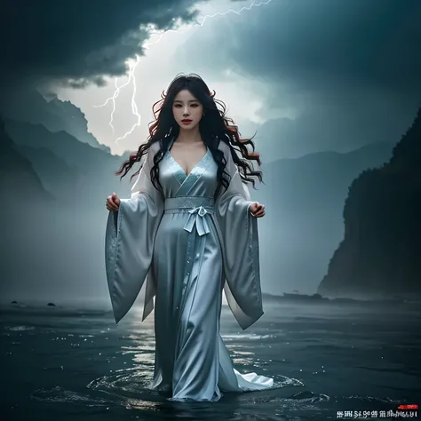 Medium shot,Beautiful and ethereal vixen dressed in flowing Chinese robes。The image captures a fox spirit standing gracefully on the water，closeup cleavage，Surrounded by dark clouds and lightning，Adds an otherworldly touch to the scene。The fox demons long ...