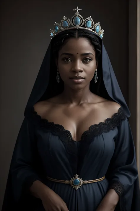 Black woman in a blue robe with a crown on her head, orando, mulher negra de 30 anos, mother mary, majestosa mulher de santo, queen of heaven, Virgem Maria, Retrato da Virgem Maria, inspirado em Francisco de Burgos Mantilla, padroeira, usando uma coroa e c...