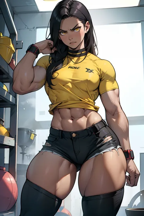 (((((muscular))))), (((thick thighs, small breasts chest, toned body, 1 girl))), black hair, pale skin, yellow eyes, angry, very long hair, ((waistup)) tight shirt tight pants