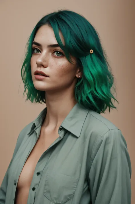 a photo of a seductive woman with loose styled green hair, posing in photo studio, she is wearing button-up shirt and trousers, ...