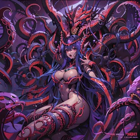 In the Zerg lair。The Zerg Queen is full of tentacles，Grab humans with tentacles，Tentacles reach into the human mouth，Suck on human nutrients，Breeding Zerg girls。