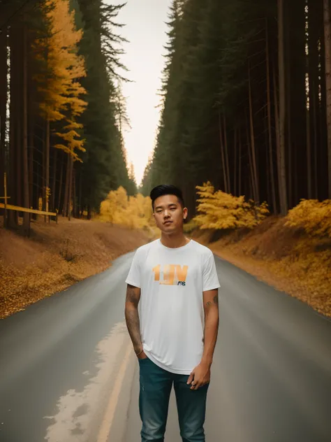 there is a man standing on a road with a skateboard, standing in road, in front of a forest background, shot on sony a 7 iii, shot on sony a 7, shot on nikon z9, shot on canon eos r 5, shot on canon eos r5, on a road, full body photogenic shot, taken with ...