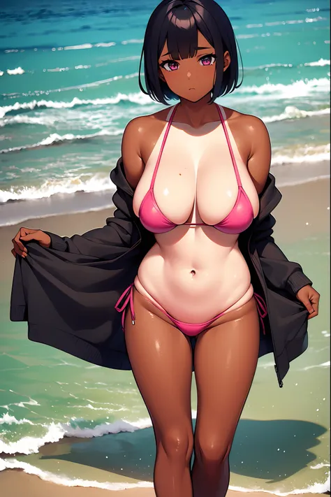 masterpiece, high quality, high resolution, anatomically correct, anime, (1girl:1.2), one-piece tan, dark skin, pink bikini, bob cut, black hair,