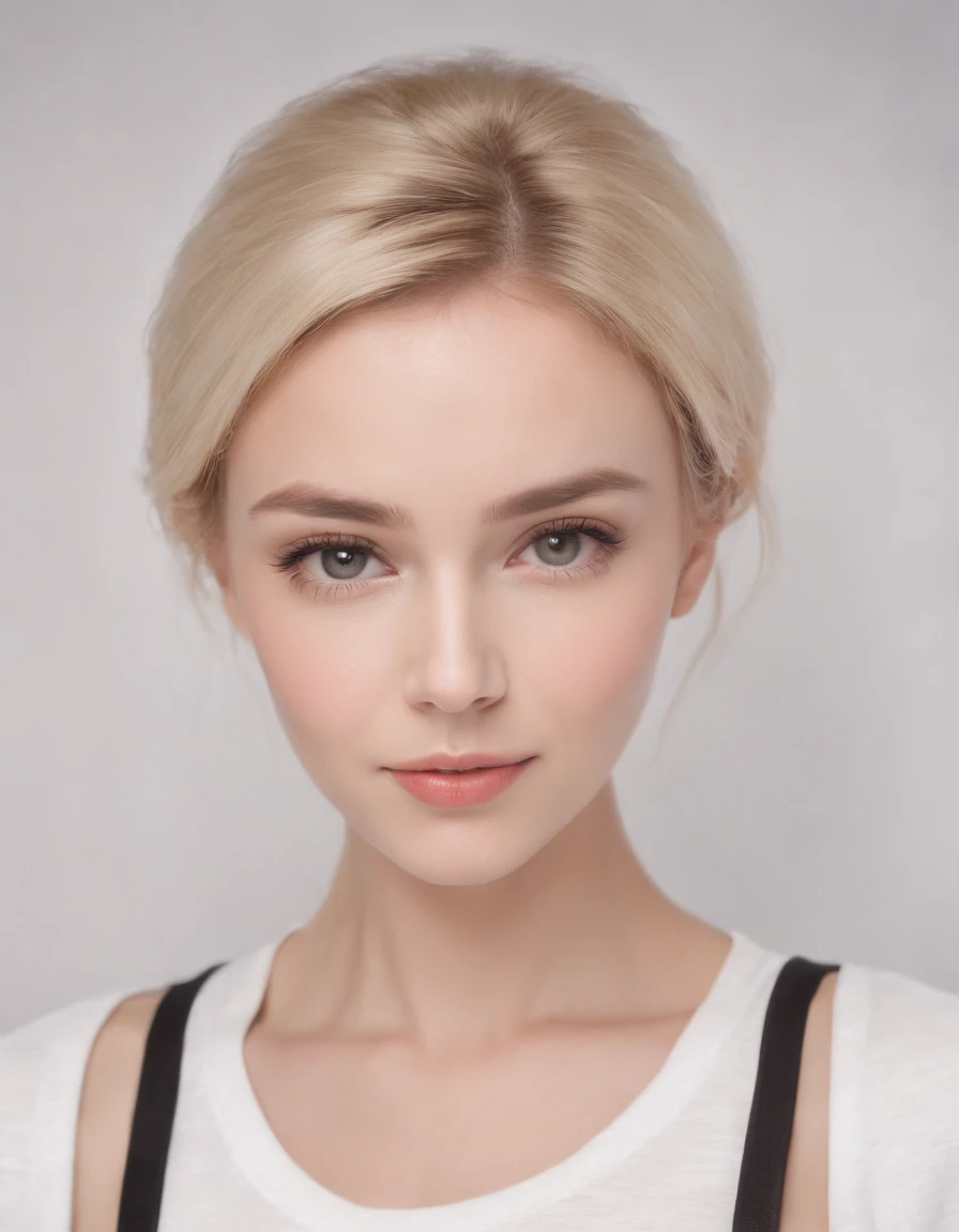 (photo: 1.3) af (realism: 1.4), (((white T-shirt))), (blond lady), super high resolution, (realism: 1.4), 1 girl, female avatar, soft light, Short hair, facial focus, cheerful, young, confident, ((gray background)), (((monochrome background))), high defini...