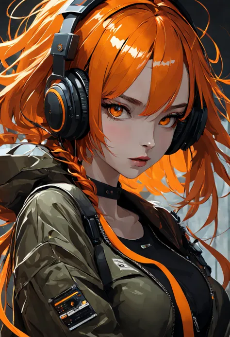 Masterpiece、Top image quality、cyberpunked、Wearing headphones、Beautuful Women、Orange hair、Tethered to the machine、