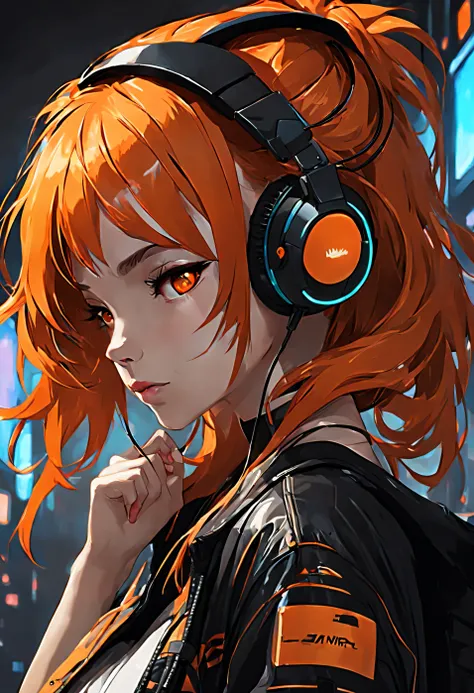 Masterpiece、Top image quality、cyberpunked、Wearing headphones、Beautuful Women、Orange hair