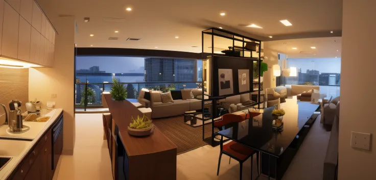 View of a sophisticated apartment a living room with kitchen and dining area, com pano de fundo de luz natural, Directed by: Emerson Silva, Directed by: Samuel Silva, modern lush condo as shopfront, Luxury condominium interior, Sala de estar, dentro de um ...