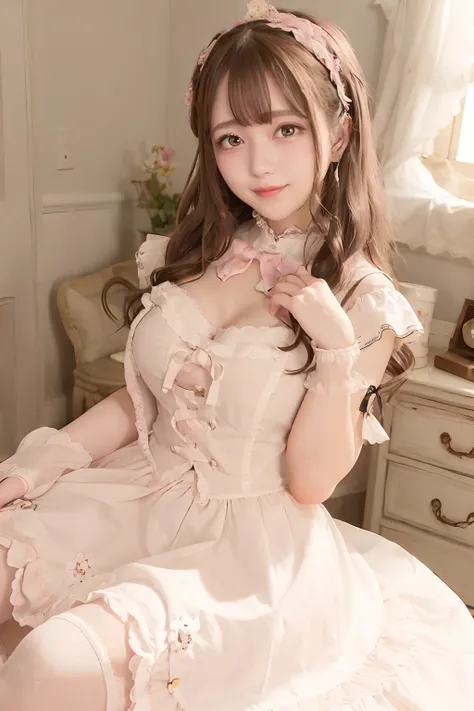 (1girl in)Wearing a skirt, Best Quality, gaze at the audience,,Colorful,Light sweet Lolita Gothic Gothic interior in the bedroom, Yellow dress fabric,  The shape of the heart on the cheek, Blush pink makeup, gloves, Smile, pastel color, ornate,