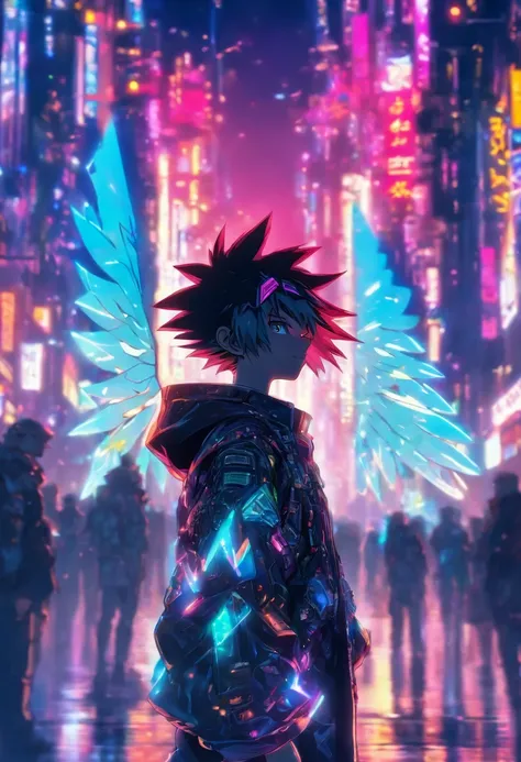 In Cyber punk city, a small boy standing in angle appearance having angle wings and holo over his head , his dress can reflect lights around, side portrait,half body, in crowd looking straight, Cyber punk city lighting in background, 3d anime, niji anime.