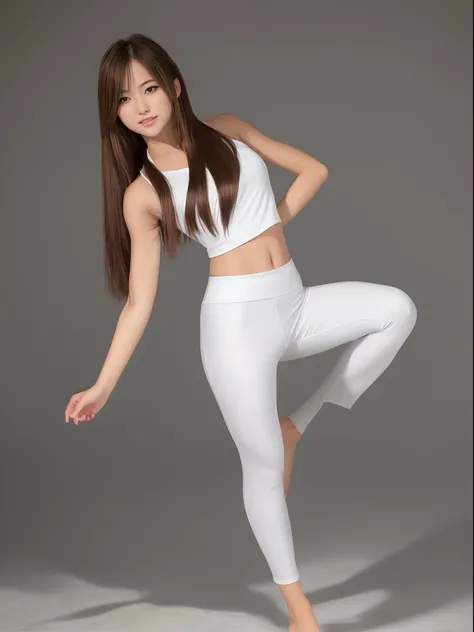 (Photorealsitic)(sixteen years old), Perfectly beautiful woman, (Full body 8K portrait), Large and dynamic hand and foot movements, White Karate Uniform, White karate pants, Large bust,Stand alone, Large and dynamic hand and foot movements, Make a high sid...