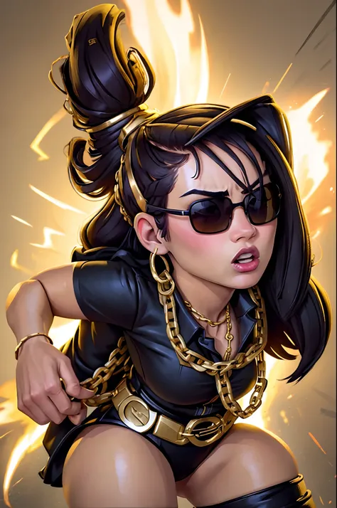 bad self centre ego high and mighty influencer japanese girl with sunglasses badass arrogant offensive attitude of superiority arrgantly drapping with gold chains on her neck moody flex her domination influence