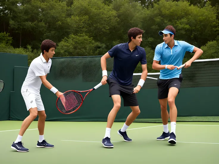 Create a man and a young man playing tennis