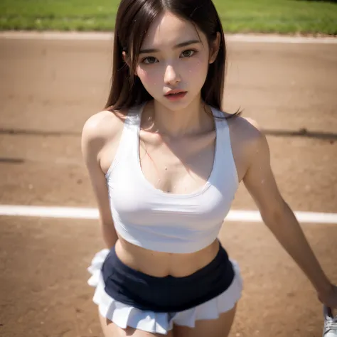 1girl, solo, white polo shirt, white sneakers, tennis wear, white miniskirt, masterpiece, best quality, realistic, hyper-detailed, (shiny skin, sweaty:1.4), absurd, looking at viewer, short black hair, brown eyes, slender, dynamic lighting, high resolution...