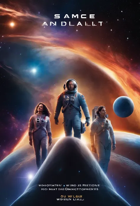 Create a cover photo for your podcast that reflects the theme "Space Adventure." In the cover photo, you can use an image of the three main characters - Sam, Lily and Ben - standing in front of the spaceship "Freedom Star," with multi-colored light and sta...