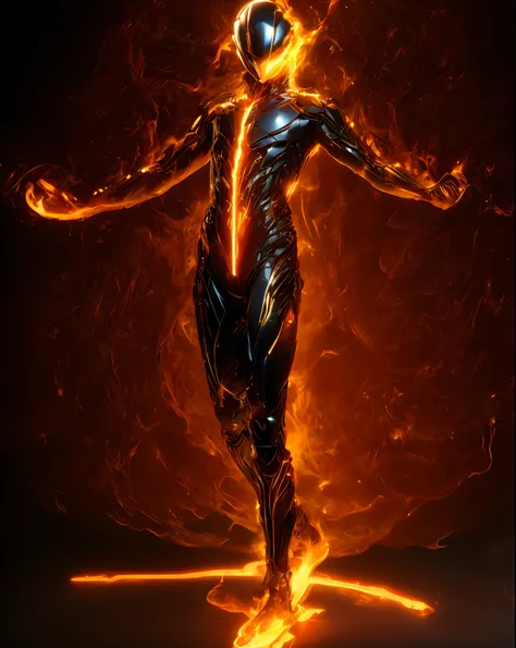 (absurdres, highres, ultra detailed), masterpiece, best quality, a boy with in black outfit, red cape, wizard, solo, handsome, short hair, red hair, vibrant red eye, glowing eye, glow effect, finely eye, detailed face, red flame, spark, swirl, isolated lan...
