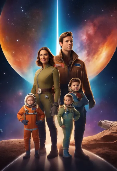 Create a cover photo for your podcast that reflects the theme "Space Adventure." In the cover photo, you can use an image of the three main characters - Sam, Lily and Ben - standing in front of the spaceship "Freedom Star," with multi-colored light and sta...