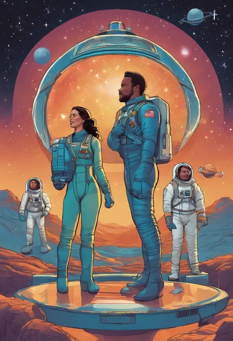 Create a cover photo for your podcast that reflects the theme "Space Adventure." In the cover photo, you can use an image of the three main characters - Sam, Lily and Ben - standing in front of the spaceship "Freedom Star," with multi-colored light and sta...