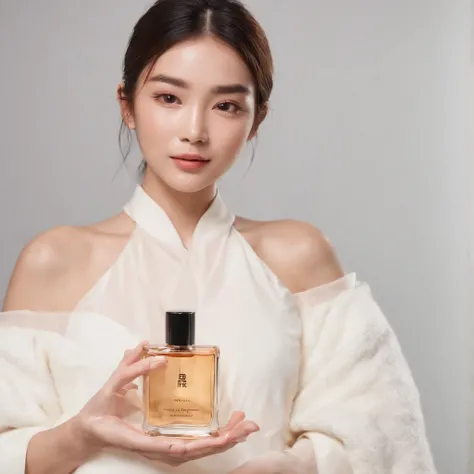 Beautiful japanese woman holds a bottle of perfume in both hands，with brand name is CHANNEL,  Take photos for skincare brands，beauty campaign，H3H3，Taoist，shot of，beauty retouch，Cool and bright tones，Dua Lipa，Official Product Pictures，inspired by Luo Ping，c...