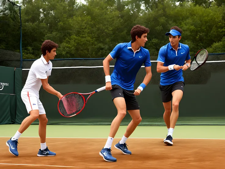 Create a man and young man playing tennis on clay