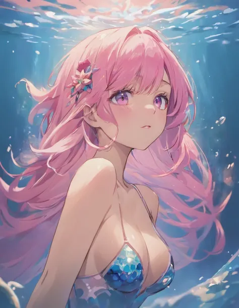 (best quality,4k,8k,highres,masterpiece:1.2),ultra-detailed,(realistic,photorealistic,photo-realistic:1.37),Mermaid with pink hair closed eyes covering breasts, pink background,
illustration,portraits,vivid colors,soft lighting