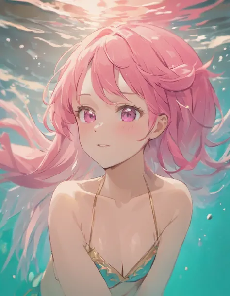 (best quality,4k,8k,highres,masterpiece:1.2),ultra-detailed,(realistic,photorealistic,photo-realistic:1.37),Mermaid with pink hair closed eyes covering breasts, pink background,
illustration,portraits,vivid colors,soft lighting