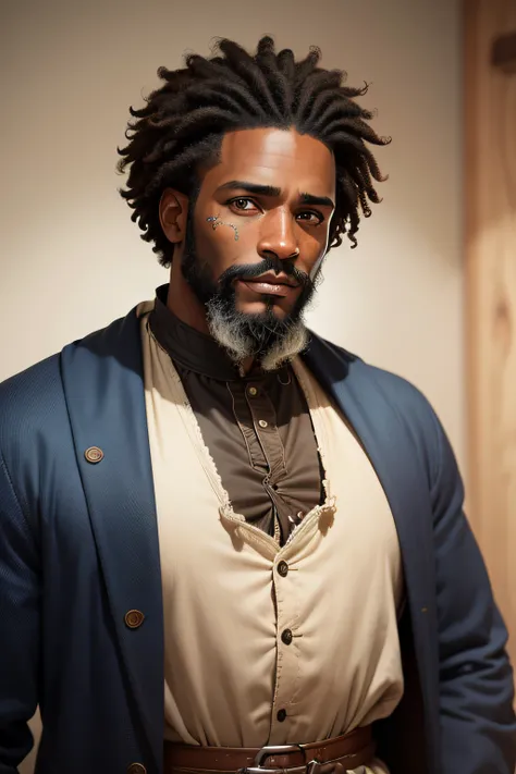 40-year-old black man with short curly hair, long curly beard, blue eyes and small scars on his face dressed in old West clothing