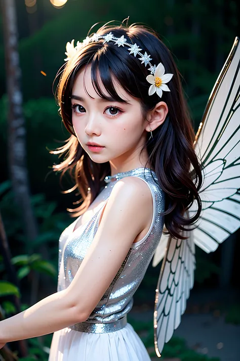 ​masterpiece, top-quality、Raw foto, Photorealsitic、one fairy、(The wings are transparent and sparkly, Like the wings of an insect:1.3)、The fairy has a body that looks completely like a 12-year-old girl、Smaller chest、unbelievable Ridiculous、depth of fields, ...