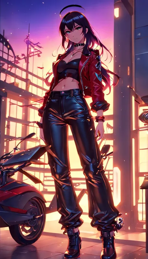 masterpiece, best quality, movie still, 1girl, monstergirl, crow woman, full body, portrait, detailed (eyes), long (hair), perfect body, proportional body, crow|raven wings, deep look, wearing (leather pants:2), close-up,  cold soft lighting, sunset, (aura...