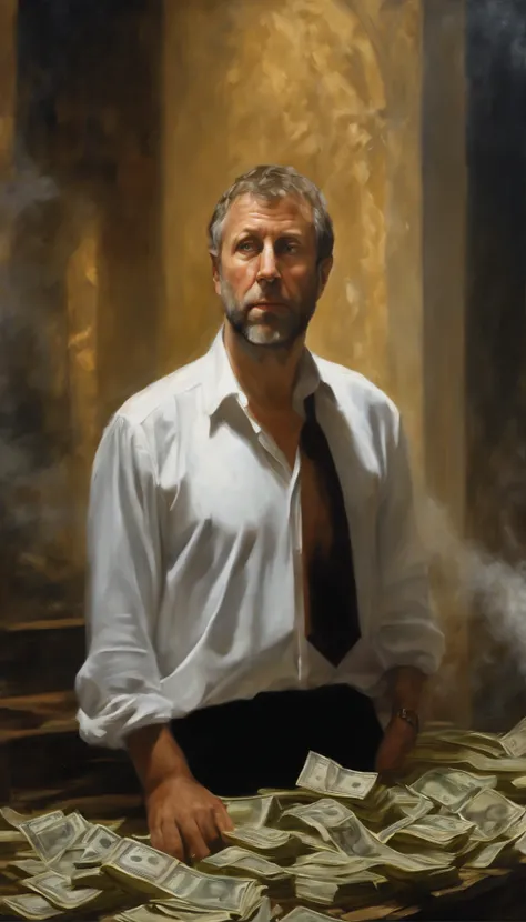 Roman Abramovich em chuva dinheiro, oil painting, pinceladas duras, dramatic lighting, intense expression, Olhos determinados, segurar punhos, suor escorrendo pelo rosto, terno enrugado, Broken streams, Crumbling dollar bills, Chart of the crumbling stock ...