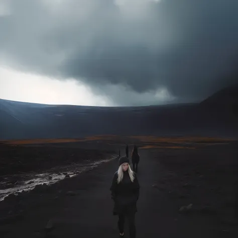 there was a woman leading a horse down a dirt road, beautiful dark landscape, iceland photography, sci-fi of iceland landscape, ...