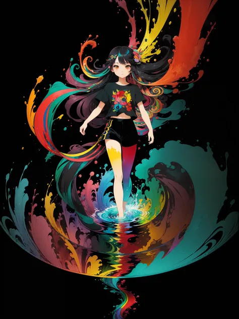 (​masterpiece、top-quality:1.3)、(flat-colors:1.3)、(colourfull:1.3)、looking at the viewers、1girl in、独奏、Colorful water floating、(2D:1.3)、Long black hair、ornate、tshirts、short trousers、 --auto