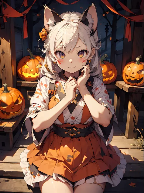 ​master piece,hyper quality, Hyper Detailed,Perfect drawing,1 beautiful girl、(((Cat ears)))、(Cat nose)、(Cat Palm)、sharp claws、Sharp fangs、Eyes aiming at prey、white  hair、poneyTail、Tie your hair with a red ribbon、Dark eyes、odd eye、Samurai attire、Kimono(Cat ...