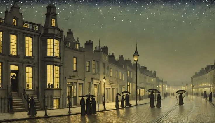 monsters going out to trick or treat, john atkinson grimshaw style starry night