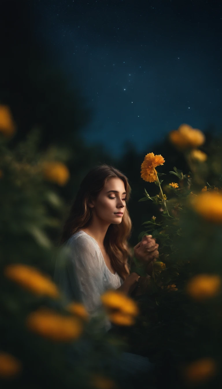 of the highest quality, high_resolution, Distinct_image, Detailed background, girl, flower, garden, Starry sky,