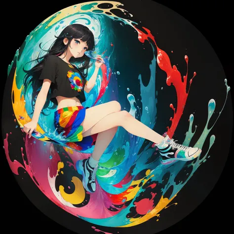 (​masterpiece、top-quality:1.3)、(flat-colors:1.3)、(colourfull:1.3)、looking at the viewers、1girl in、独奏、Colorful water floating、(2D:1.3)、tshirts、short trousers、Long black hair --auto