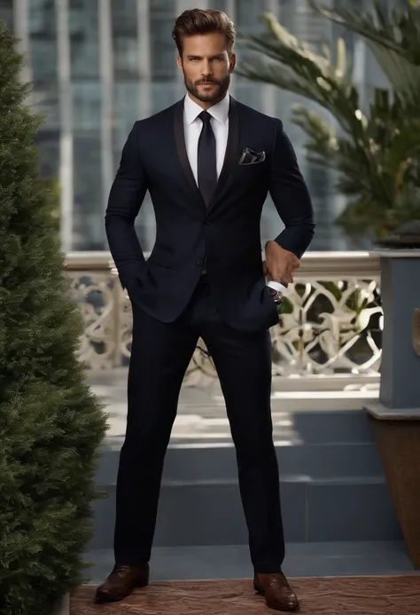 em cima、Make a handsome man in his 30s in a black suit and tie, CEO, cabelos castanhos e barba, (Homem de terno preto e gravata), ), (Use barba,) Attractive and serious look, cabelos curtos e escuros, Elegante e elegante, Barbear suit-fit e corpo forte, (a...