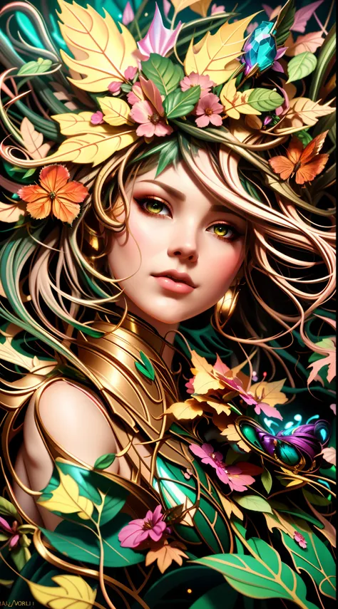 A painting of a woman with leaves on her head, Artgerm Sylvari Retrato, karol bak uhd, Artgerm e James Jean, Nenhum estilo de Anna Dittmann, Retrato de uma Dryad, retrato bonito da arte da fantasia, bela arte de fantasia, Stanley Artgerm Lau, bela arte dig...