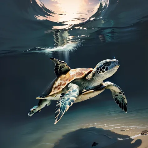 Sea turtle swimming in the mysterious sea